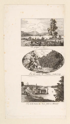 Vues d'Amerique: Lac Georges; Près des chûtes de Trenton, Oneida County; Vue de la rivière du Nord, prise à Clermont by Charlotte Bonaparte, print, 1821-1831