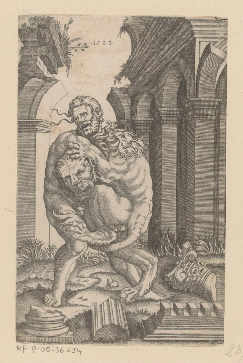Hercules en de Nemeïsche leeuw by Unknown, print, 1528