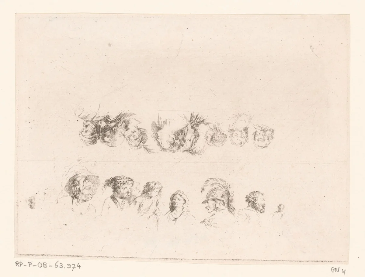 Compositie met vijftien bustes van mannen en vrouwen van verschillende leeftijden by Jacques-Philippe Le Bas, print, 1736