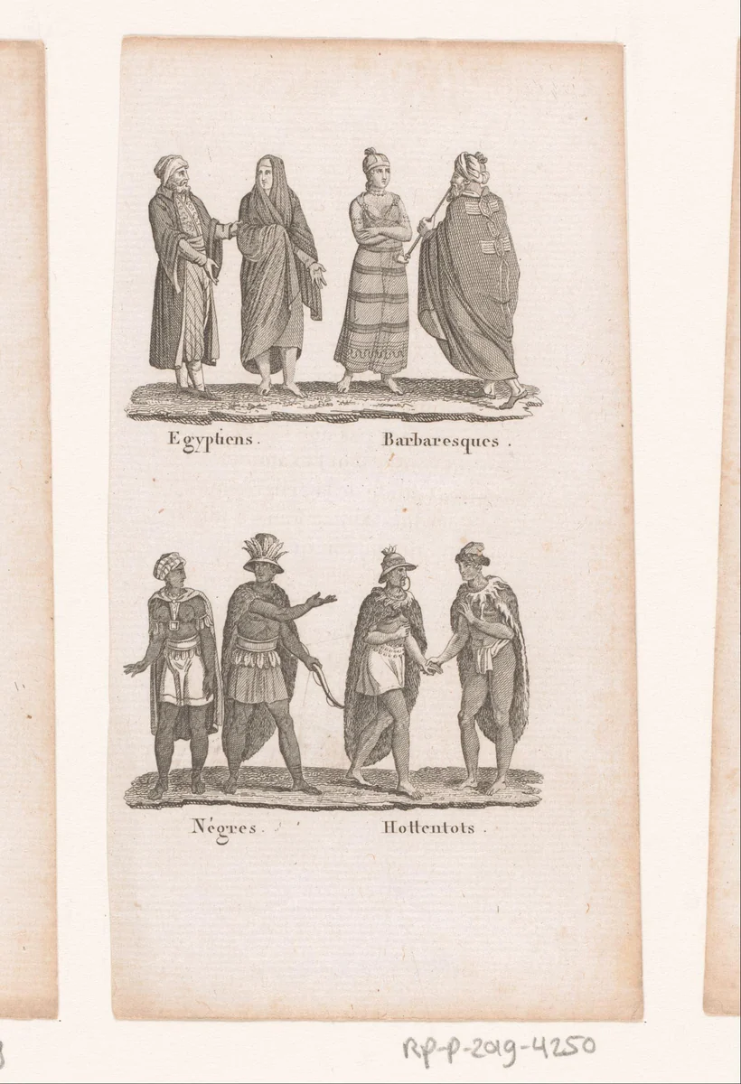 Egyptenaren, Berbers, Afrikanen en Khoikhoi in klederdracht by anonymous, print, 1750-1800