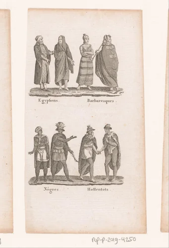 Egyptenaren, Berbers, Afrikanen en Khoikhoi in klederdracht by anonymous, print, 1750-1800