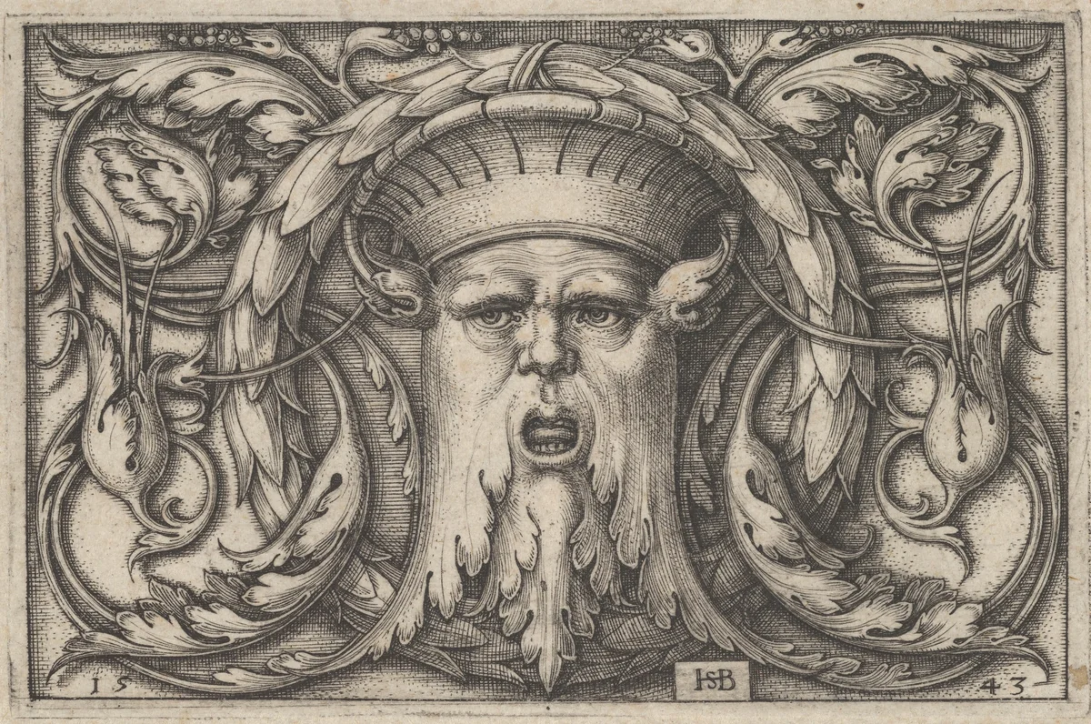 Horizontal Panel with a Bearded Amascaron in a Medallion at Center Surrounded by Tendrils by Sebald Beham, print, 1543