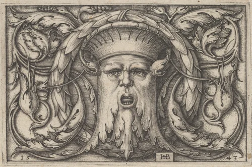 Horizontal Panel with a Bearded Amascaron in a Medallion at Center Surrounded by Tendrils by Sebald Beham, print, 1543