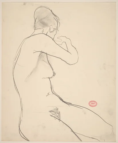 Untitled [female nude raising her right arm and turning away] by Richard Diebenkorn, drawing, 1955-1967