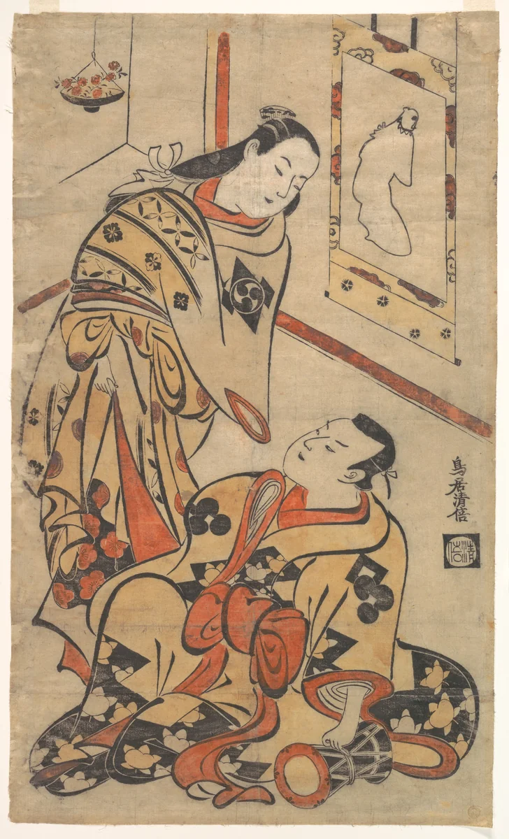 Kabuki Actors Nakamura Gentaro and Ikushima Shingoro by Torii Kiyomasu I, print, 1700-1720