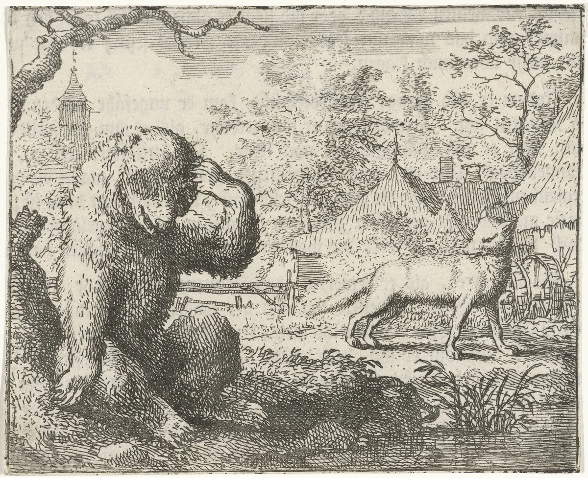 Reinaert berispt de gewonde Bruun de beer by Allaert van Everdingen, print, 1665-1675
