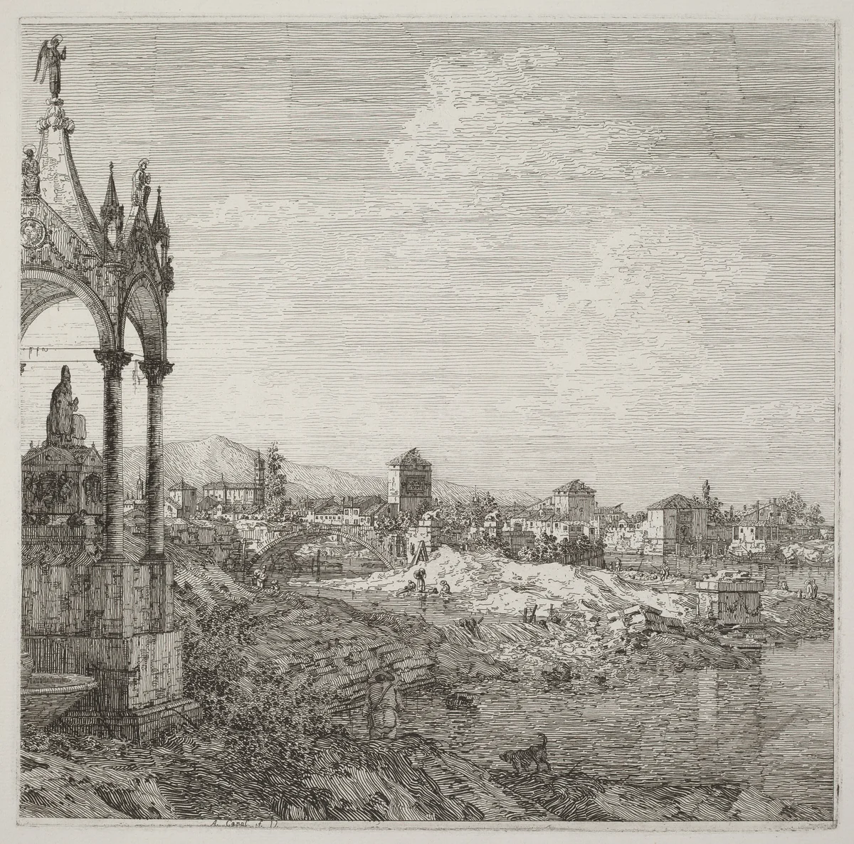 View of a Town with a Bishop's Tomb by Canaletto, print, 1735-1746
