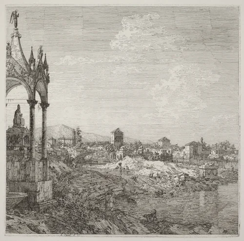 View of a Town with a Bishop's Tomb by Canaletto, print, 1735-1746