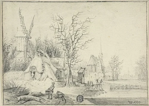 Village with Windmill and Church by Paul Theodor van Brussel, drawing, 1777