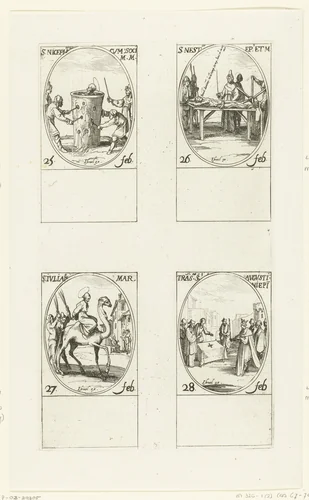 Heilige Niceforus en gezellen, Heilige Nestor, Heilige Julianus, Translatie van Augustinus' stoffelijke resten (25-28 februari) by Jacques Callot, print, 1632-1636