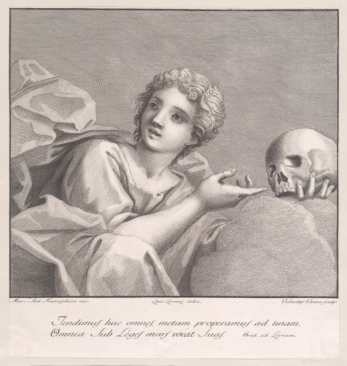 Allegorical figure with a skull by Violante Vanni, print, 1774