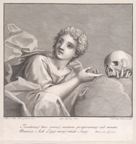 Allegorical figure with a skull by Violante Vanni, print, 1774