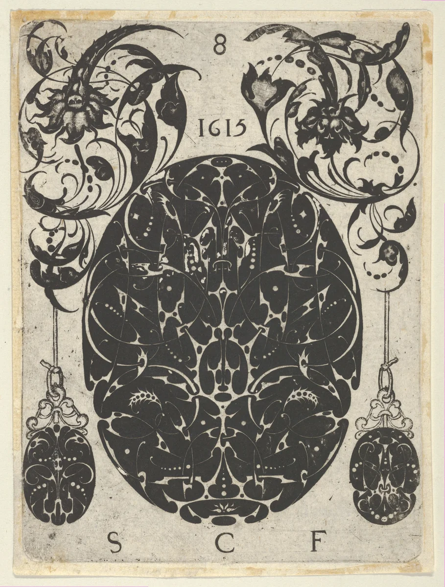 Blackwork Print with an Oval at Center Flanked by Pendants Hanging from Foliate Scrolls, from a Series of Blackwork Prints for Goldsmiths' Work by Etienne Carteron, print, 1615