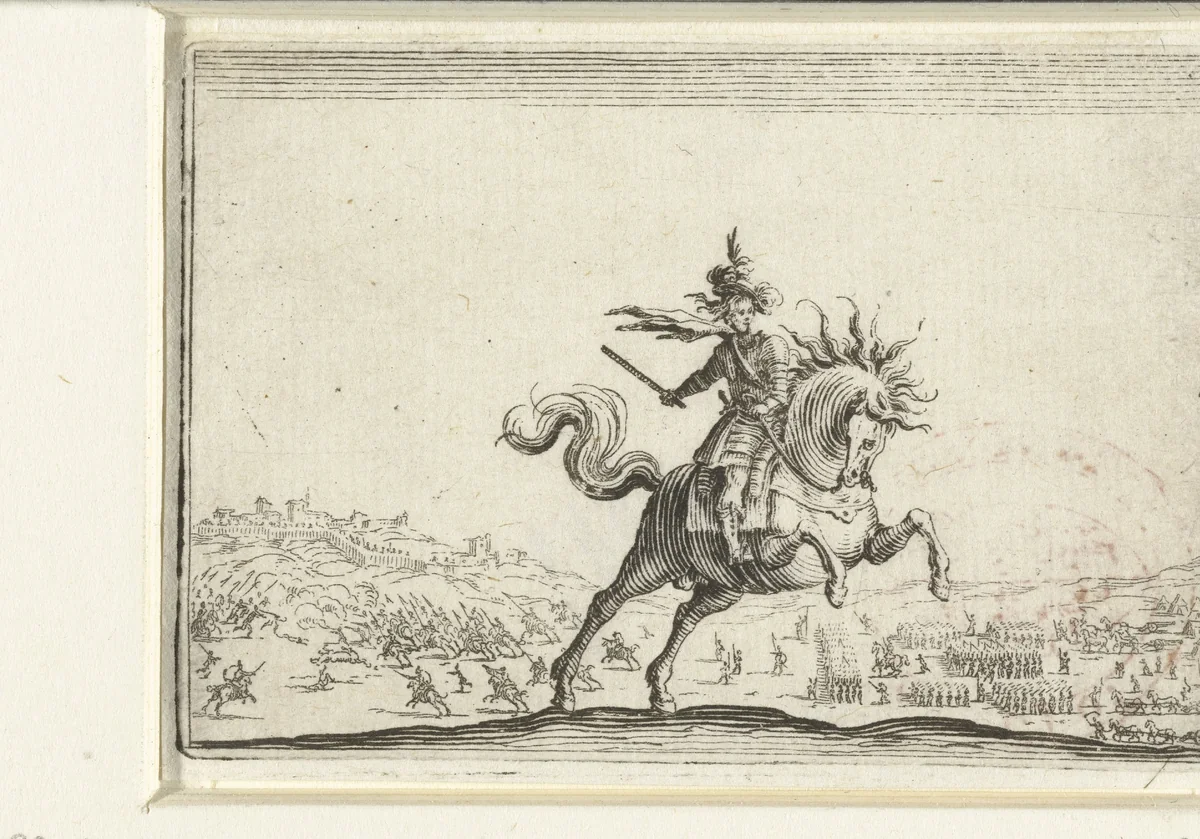 Bevelhebber te paard by Jacques Callot, print, 1621