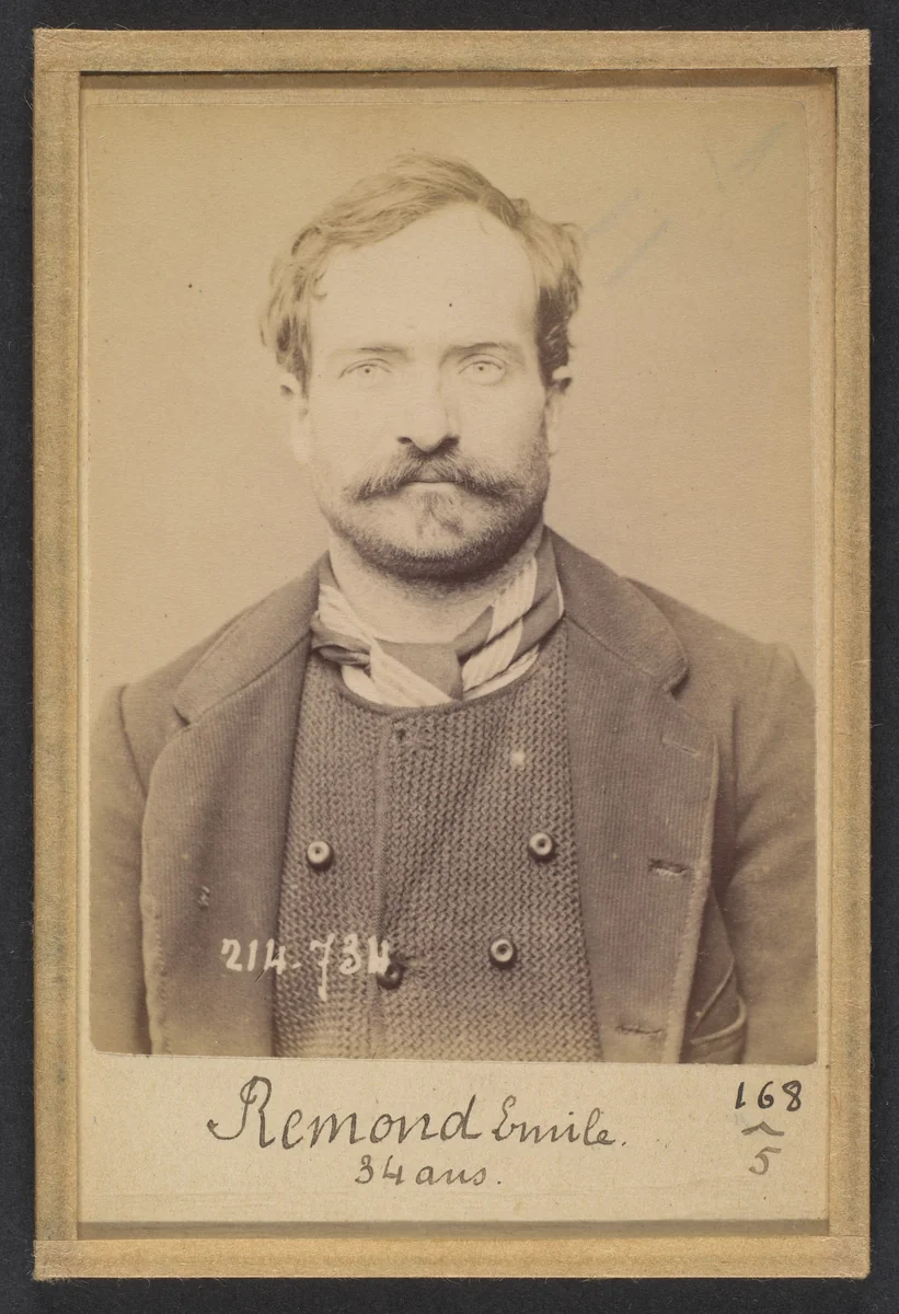 Remond. Émile, Adolphe. 34 ans, né à Bagnolet (Seine). Carrier. Anarchiste. 26/2/94. by Alphonse Bertillon, photograph, 1894