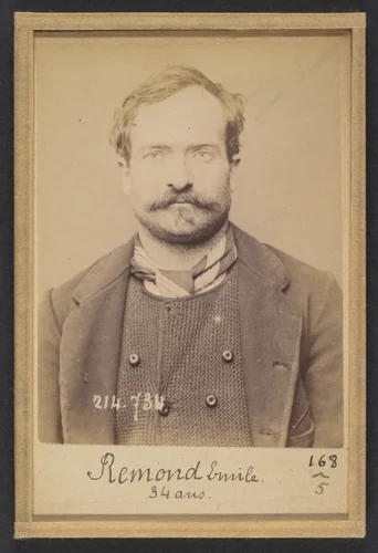 Remond. Émile, Adolphe. 34 ans, né à Bagnolet (Seine). Carrier. Anarchiste. 26/2/94. by Alphonse Bertillon, photograph, 1894