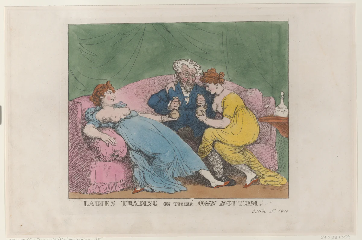 Ladies Trading on Their Own Bottom by Thomas Rowlandson, print, 1810-1815