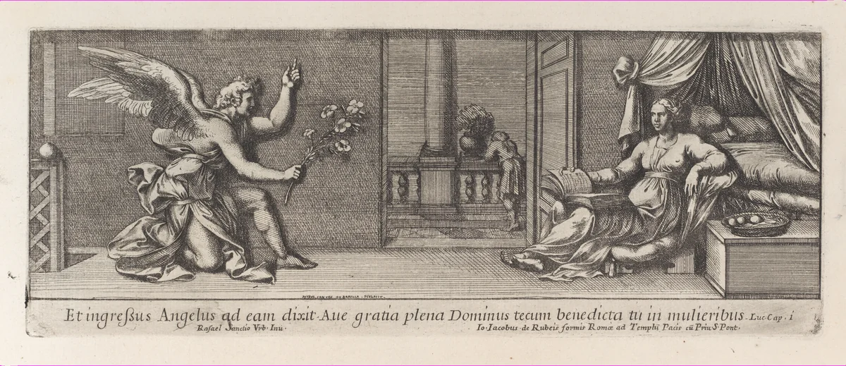 Simon Magus attempting to fly as Saints Peter and Paul, Emperor Nero, and two soldiers look on, from a series of 15 plates, depicting Raphael's works for the Vatican stanze and the Sistine Chapel tapestries by Pietro Santi Bartoli, print, 1650-1670
