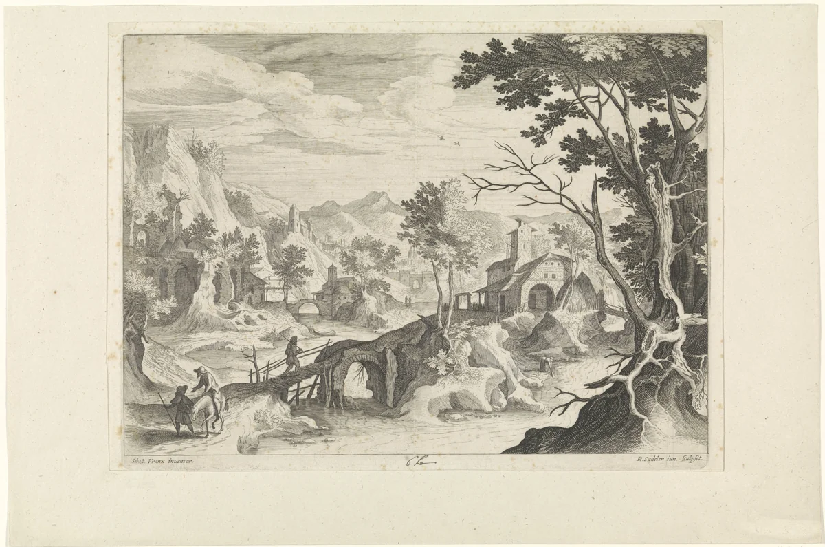 Berglandschap met brug by Unknown, print, 1594-1632