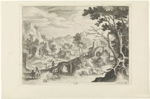 Berglandschap met brug by Unknown, print, 1594-1632