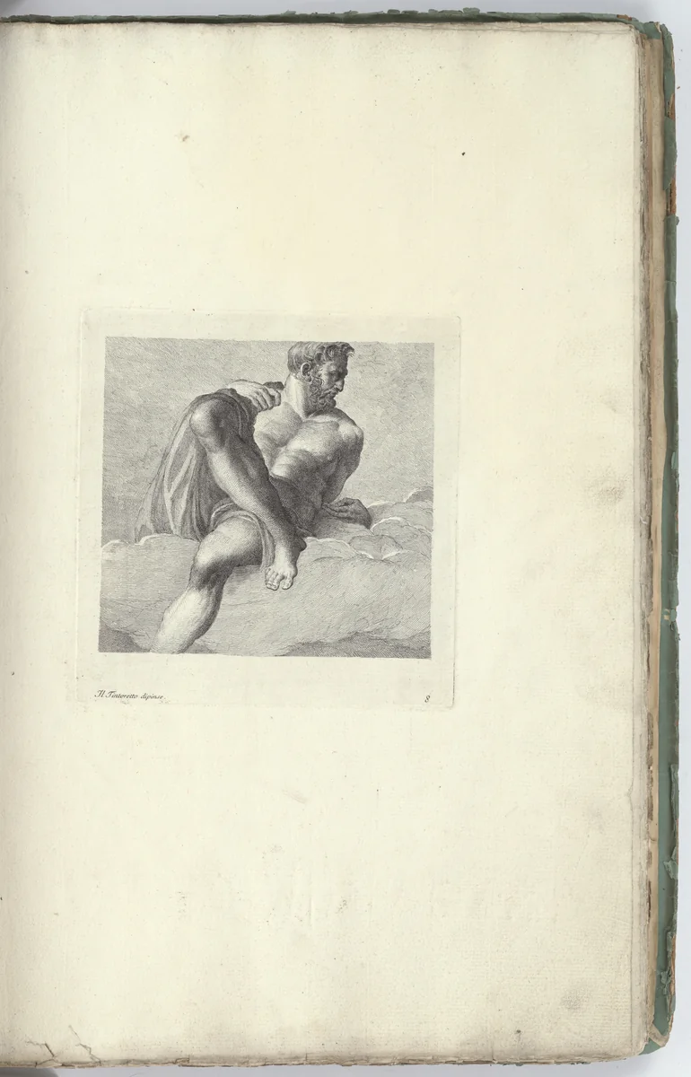 Partially Nude Man Reclining on Clouds, plate 8 from "Varie pitture a fresco de'principali maestri veneziani ora per la prima volta con le stampe pubblicate" (Frescoes by the Most Important Venetian Masters Published in Print for the First Time) by Antonio Maria Zanetti, print, 1760