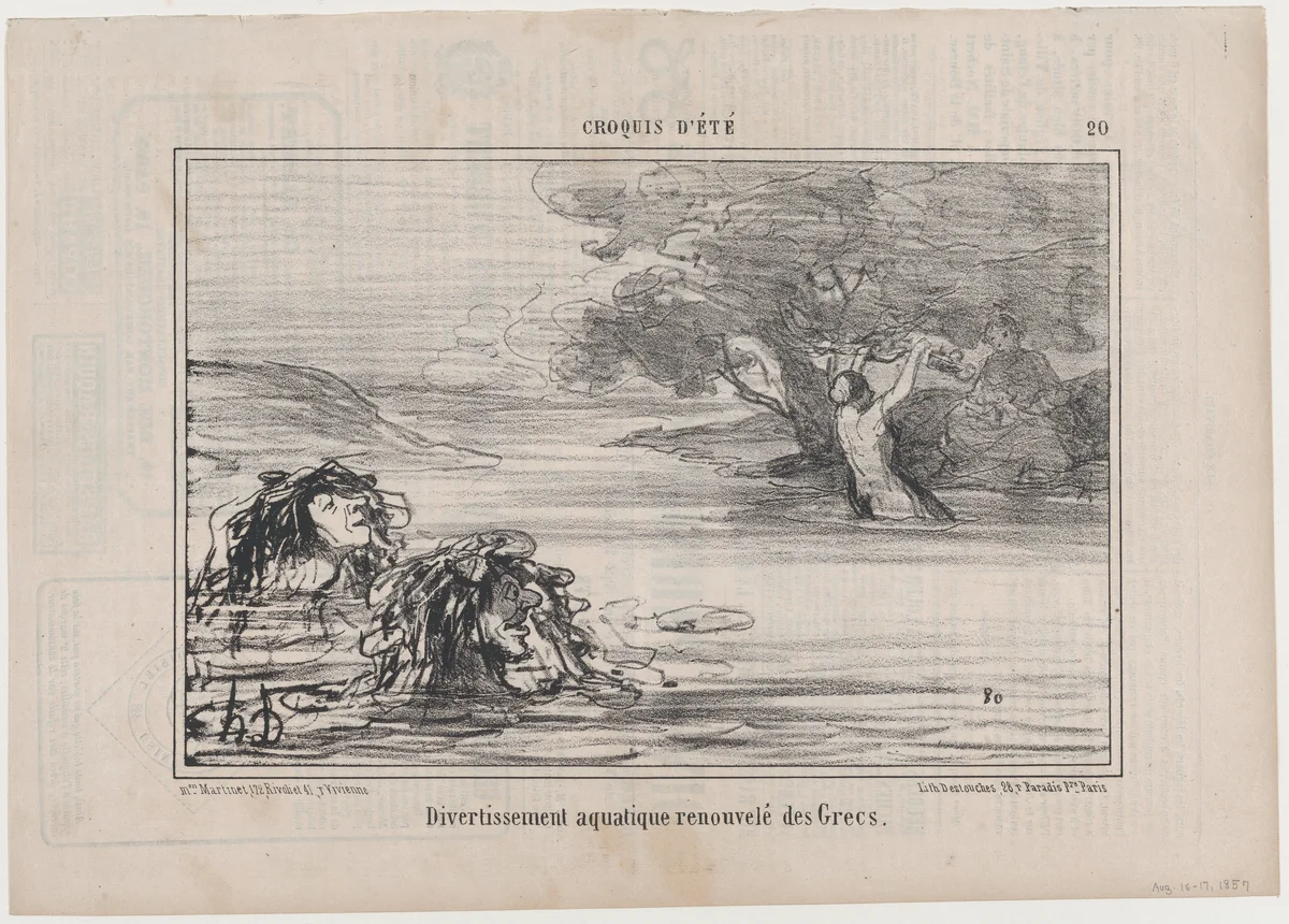Divertissement aquatique renouvelé des Grecs, from Croquis d'Été, published in Le Charivari, August 16-17, 1857 by Honoré Daumier, print, 1857