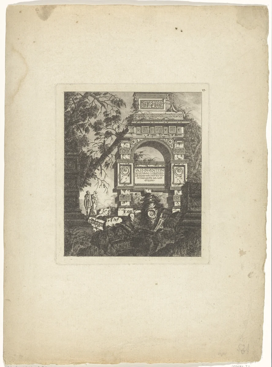 Titel en 1 prent van een reeks bouwvallen by Jean Laurent Legeay, print, 1732-1786