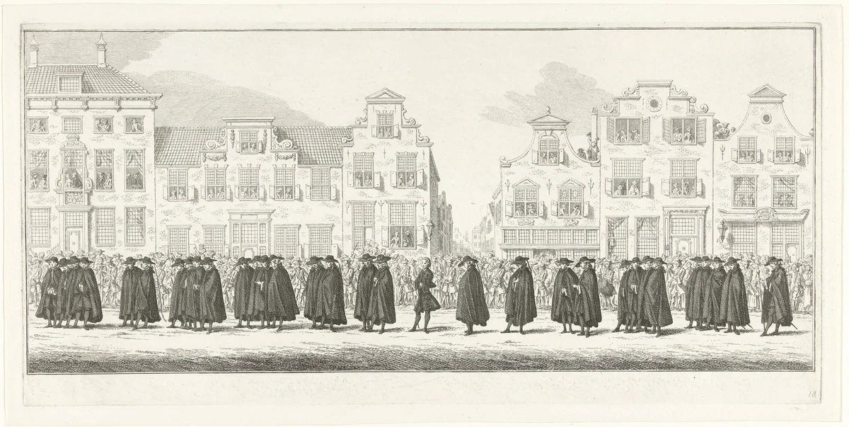 Leden van de hoffelijke administratie in de lijkstoet van Anna van Hannover te Delft, 1759 by Simon Fokke, print, 1759-1761