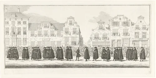 Leden van de hoffelijke administratie in de lijkstoet van Anna van Hannover te Delft, 1759 by Simon Fokke, print, 1759-1761