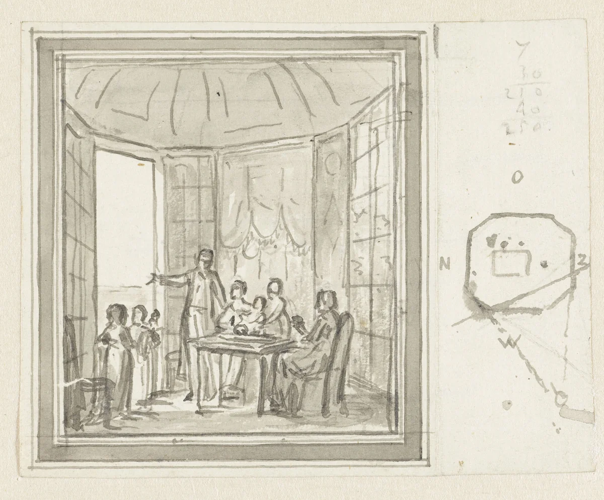 Gezin bij tafel in theekoepel by Jurriaan Andriessen, drawing, 1752-1819