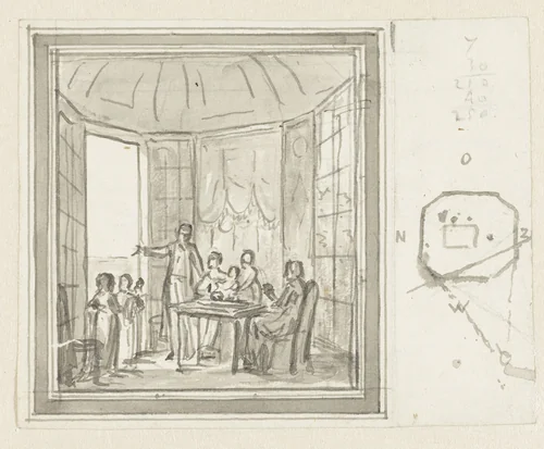 Gezin bij tafel in theekoepel by Jurriaan Andriessen, drawing, 1752-1819