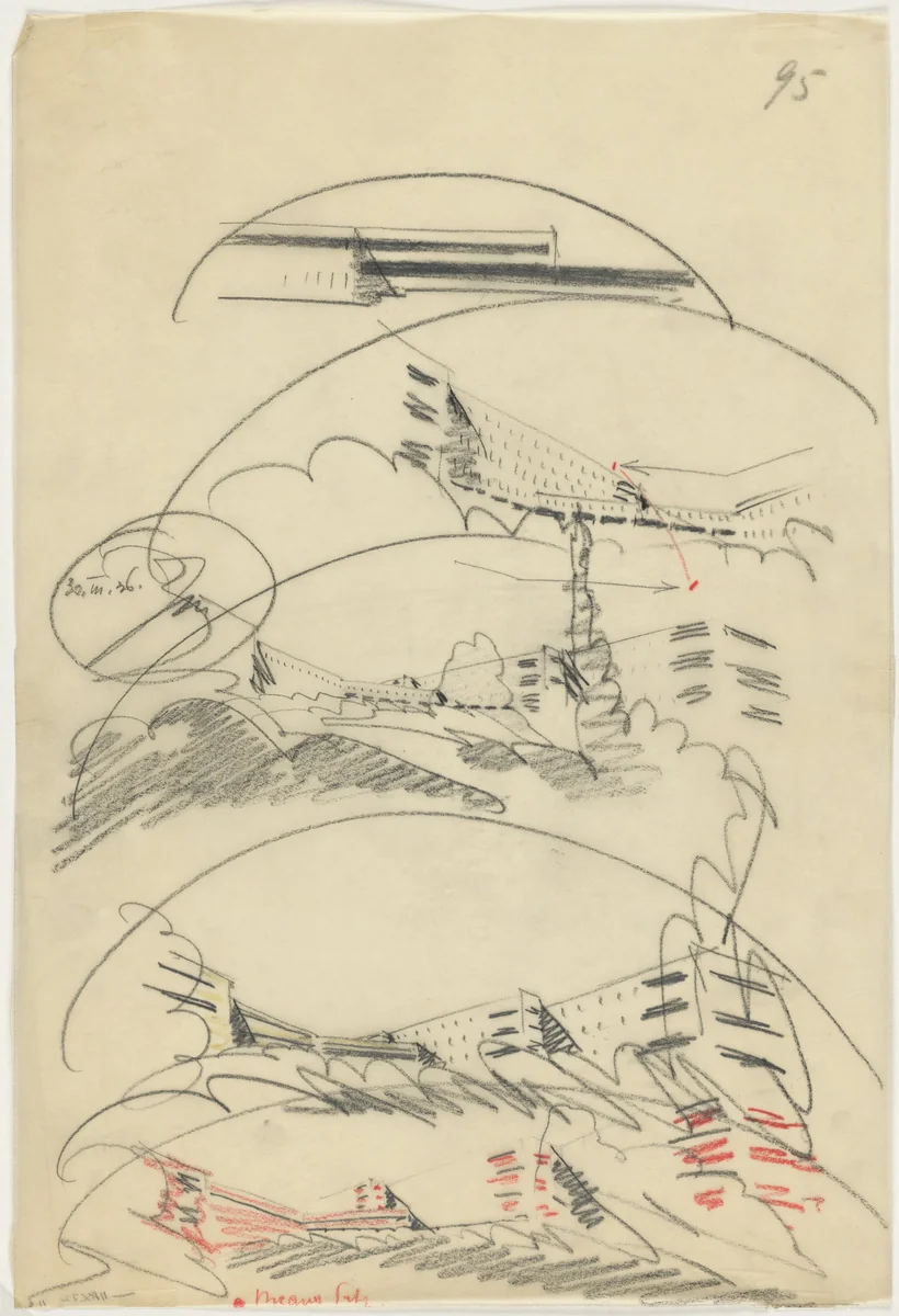 Hadassah University Medical Center, Mount Scopus, Jerusalem, Israel, Perspectives and elevation by Erich Mendelsohn, architecture, 1936