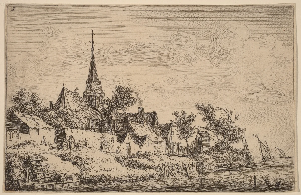 Village Steeple at the Seaside by Anthonie Waterloo, print, 1609-1690