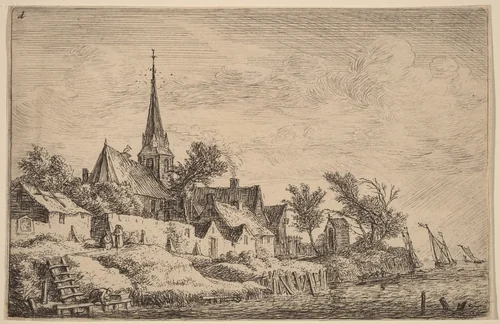 Village Steeple at the Seaside by Anthonie Waterloo, print, 1609-1690