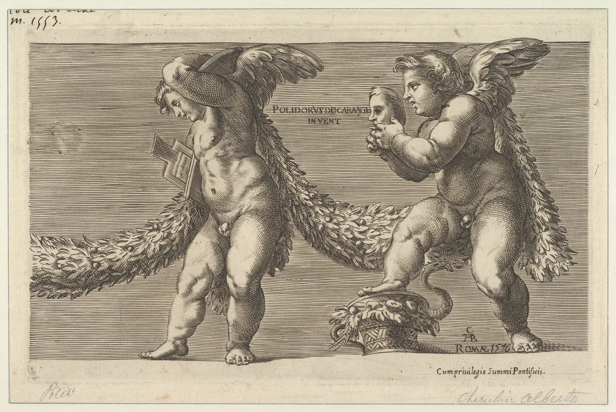 Two putti draped with a garland the one at right holding a mask by Cherubino Alberti, print, 1596