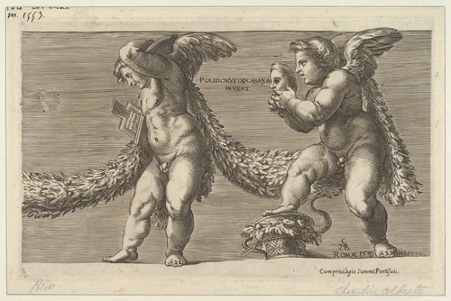Two putti draped with a garland the one at right holding a mask by Cherubino Alberti, print, 1596