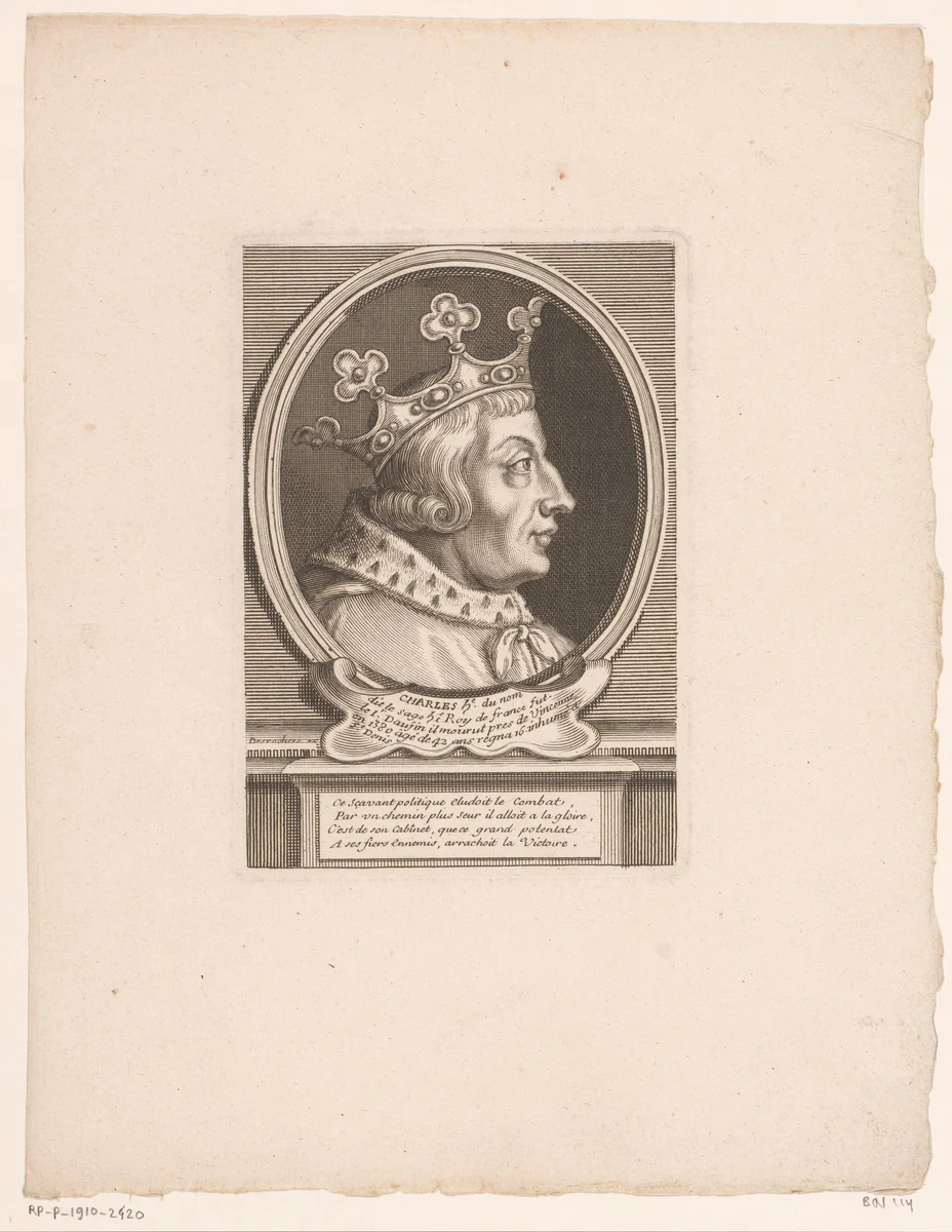 Portret van Karel V, koning van Frankrijk by Étienne Desrochers, print, 1726