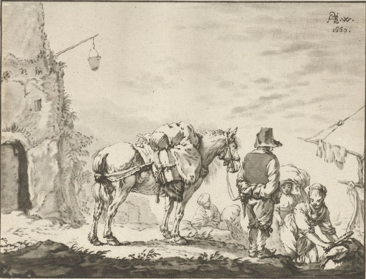 Man met paard bij wasvrouw by Cornelis Ploos van Amstel, print, 1772