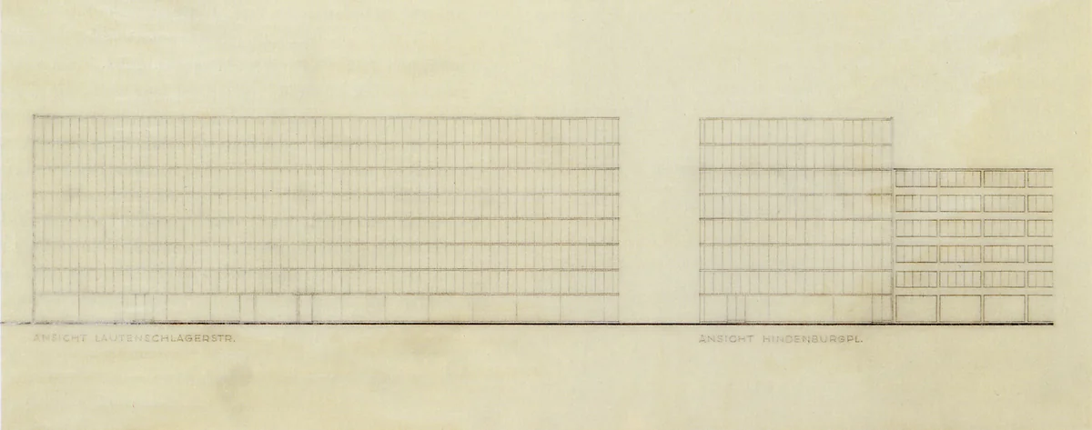 Bank and Office Building project, Stuttgart, Germany (Street elevations) by Ludwig Mies van der Rohe, architecture, 1928