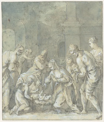 De aanbidding der herders by Hans Rottenhammer, drawing, 1574-1608