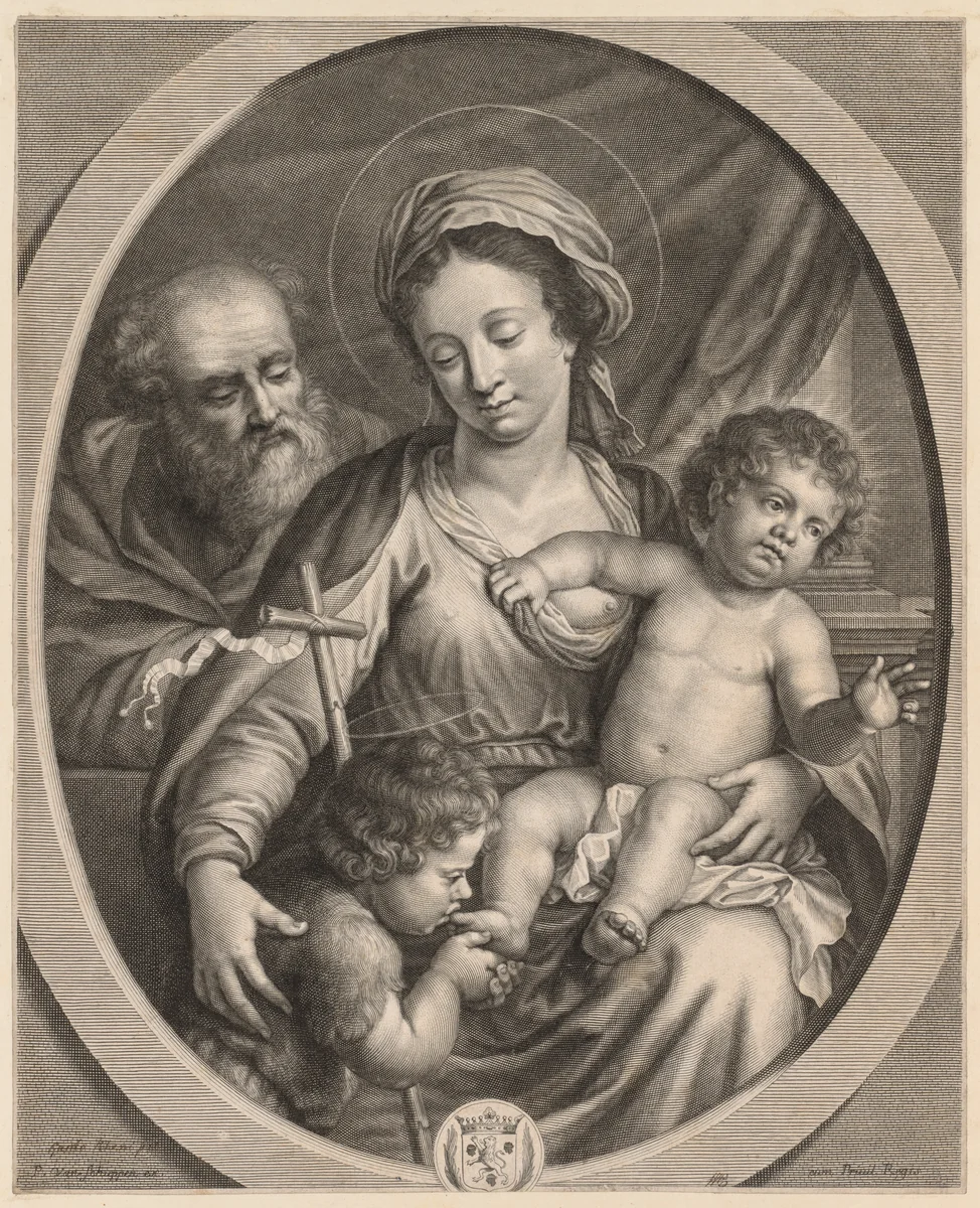 Holy Family and S. John by Pierre Louis van Schuppen, print, 1650-1700