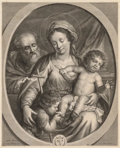 Holy Family and S. John by Pierre Louis van Schuppen, print, 1650-1700