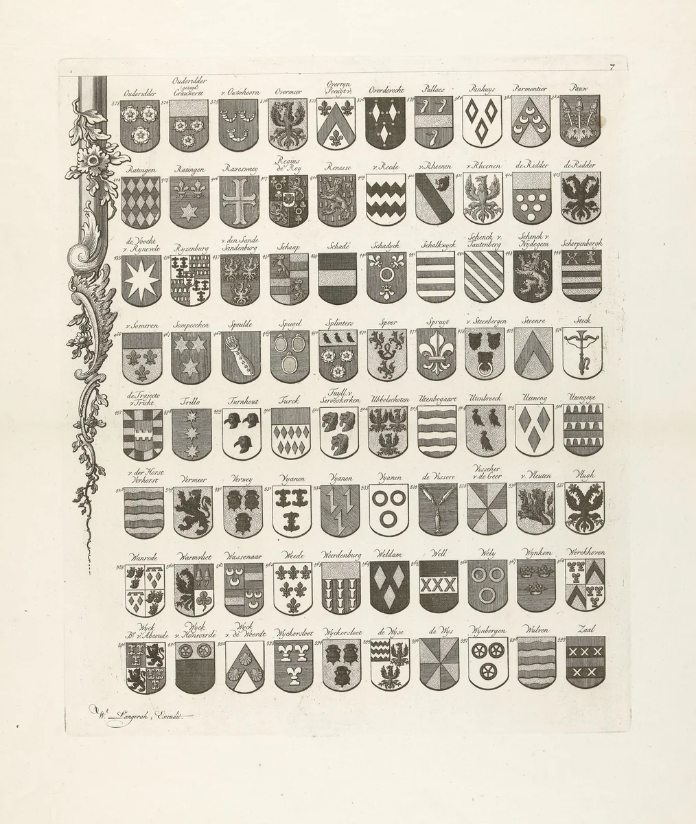 Wapenkaart van oude geslachten van Utrecht, blad linksonder by Johannes van Hiltrop, print, 1769