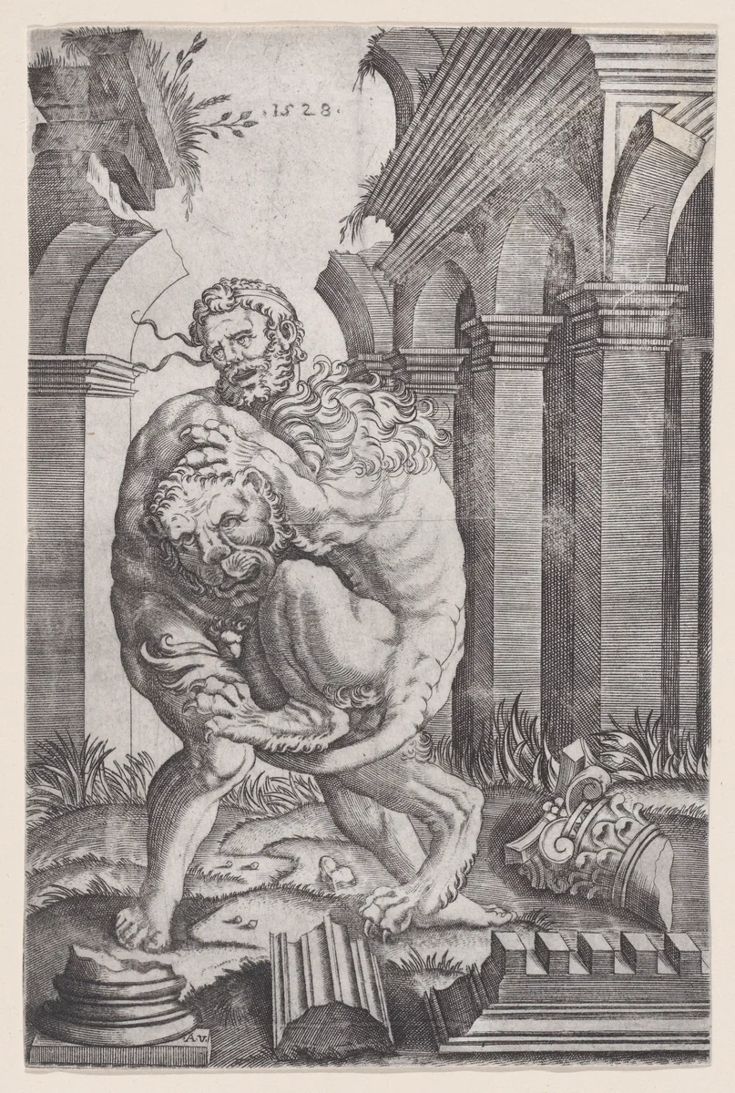 Hercules Strangling the Nemean Lion by Agostino Veneziano, print, 1523-1533