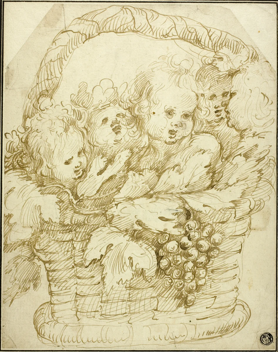 Basket of Cupids by Jan Boeckhorst, drawing, 1625-1668