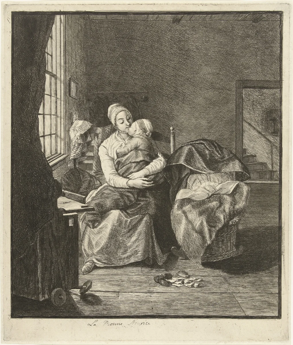 Moeder met slapend kind voor het raam by Louis Bernard Coclers, print, 1756-1817