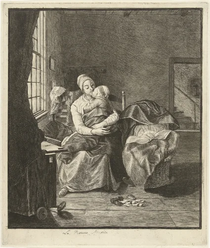 Moeder met slapend kind voor het raam by Louis Bernard Coclers, print, 1756-1817