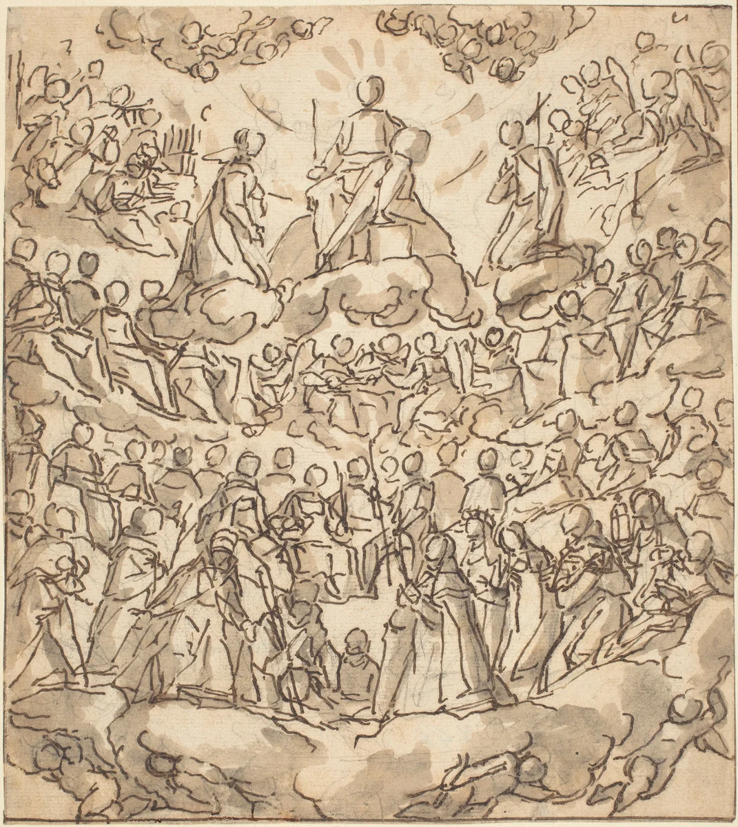 The Blessed in Paradise with the Virgin and St. John the Baptist before God by Lazzaro Tavarone, drawing, 1585-1595