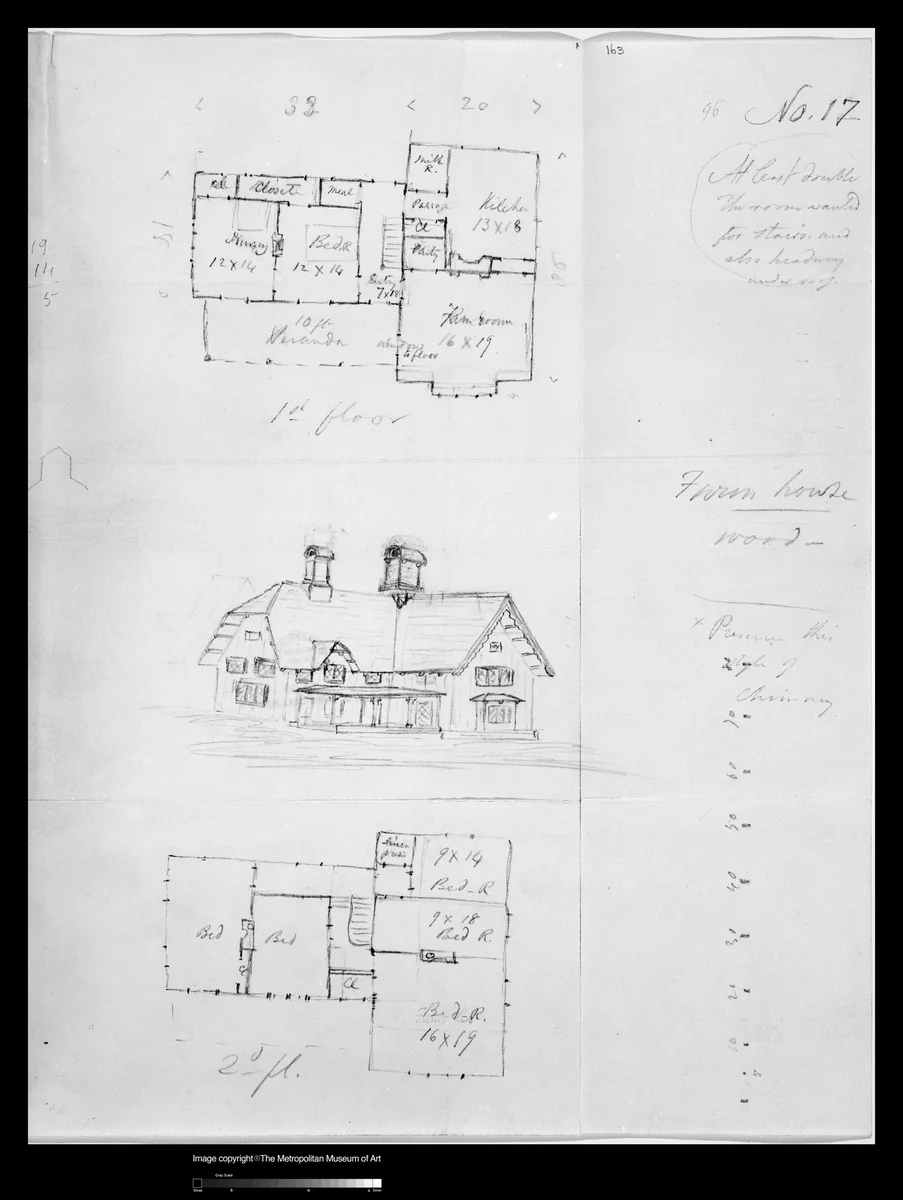 Design for Bracketed American Farm House, Design XVII from The Architecture of Country Houses by Alexander Jackson Davis, drawing, 1850