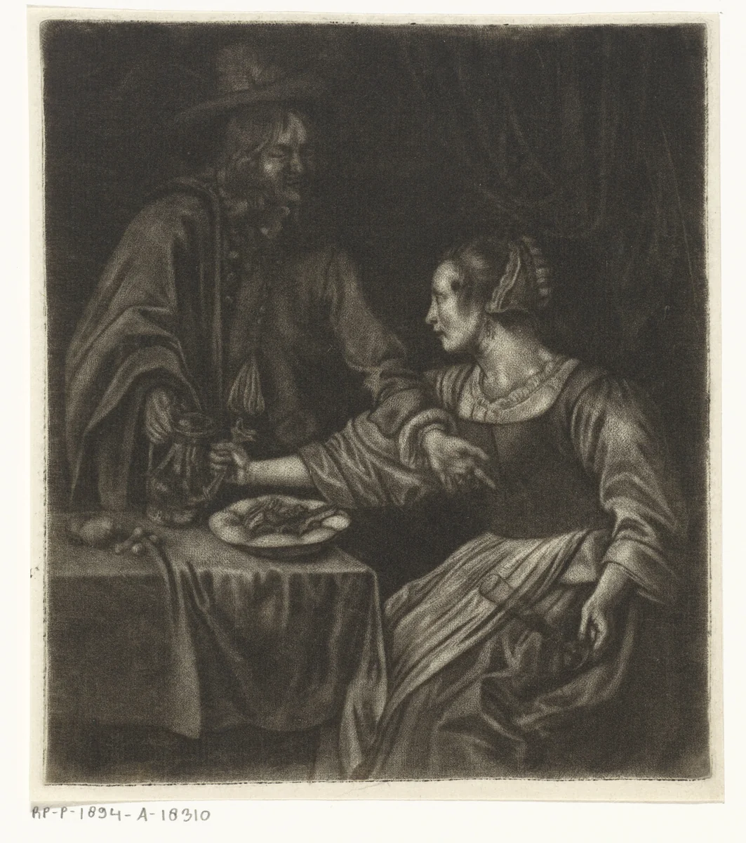 Man en vrouw met een kan by Johannes de Groot, print, 1698-1776